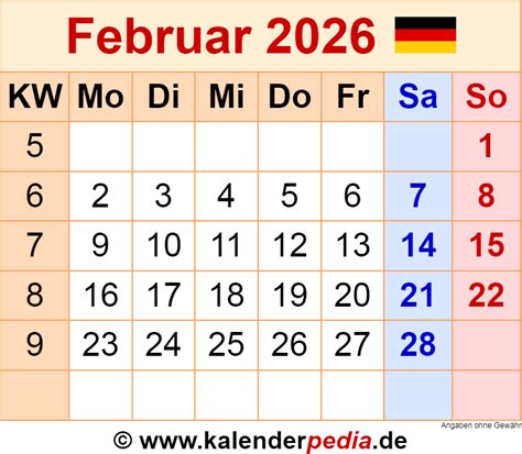 Kalender Februar 2026 Als Excel Vorlagen