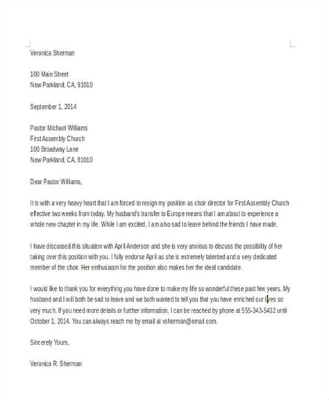 Church Ministry Resignation Letter Sample Sample Resignation Letter