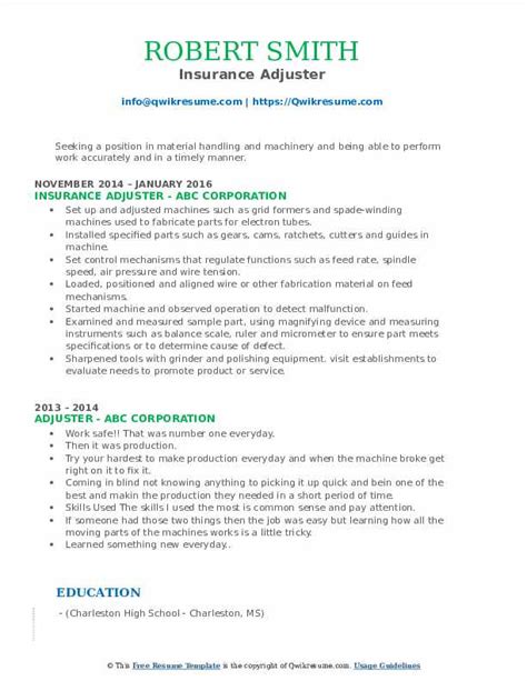 Adjuster Resume Samples Qwikresume