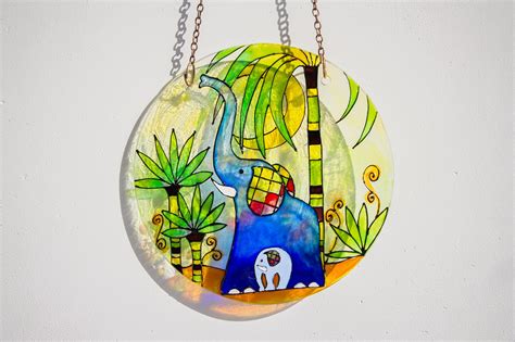 Stained Glass Suncatcher Elephants Hanging Window Stained Etsy