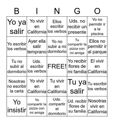 El Pasado Verbos Ir Bingo Card