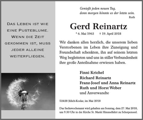 Traueranzeigen Von Gerd Reinartz Aachen Gedenkt