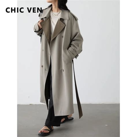 Chique Ven Feminino Trench Coat Cinto Solto Contraste Colarinho Duplo