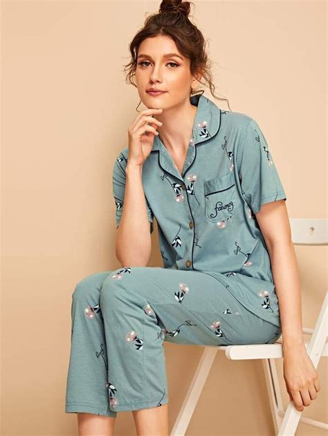 Shein Floral Print Button Front Pj Set Print Buttons Pj Sets Summer Pajama Set