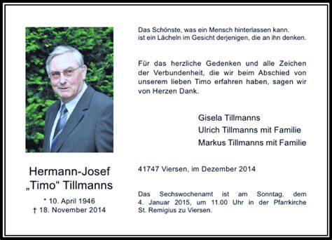 Alle Traueranzeigen F R Hermann Josef Timo Tillmanns Trauer Rp Online De