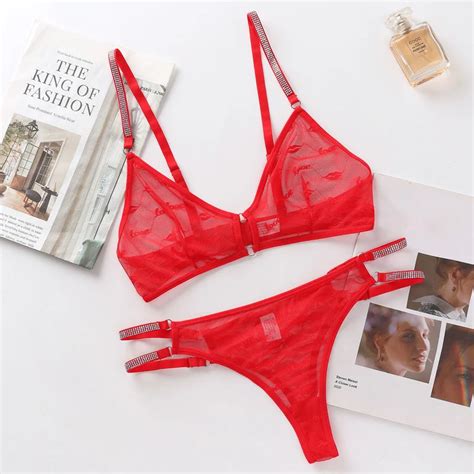 Lace Mesh Perspective Triangle Cup Transparent Underwear Thong Set