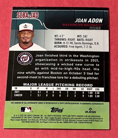 Topps Stadium Club Joan Adon Rc Autograph Scba Jad Washington