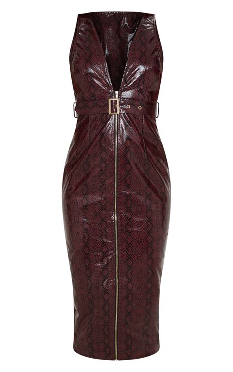 Burgundy Patent Snake Faux Leather Dress Prettylittlething