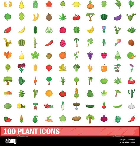 100 Plant Icons Set Cartoon Style Stock Vector Image And Art Alamy