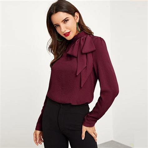 Mock Neck Bow Embellished Stand Collar Long Sleeve Solid Blouse