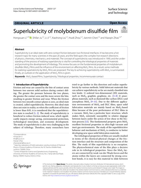 Pdf Superlubricity Of Molybdenum Disulfide Film