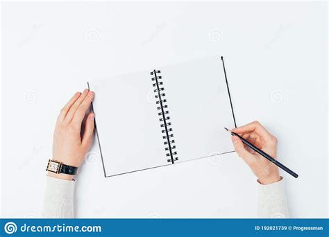 Top View Of Female Hands Write In A Blank Notebook Stock Image Image