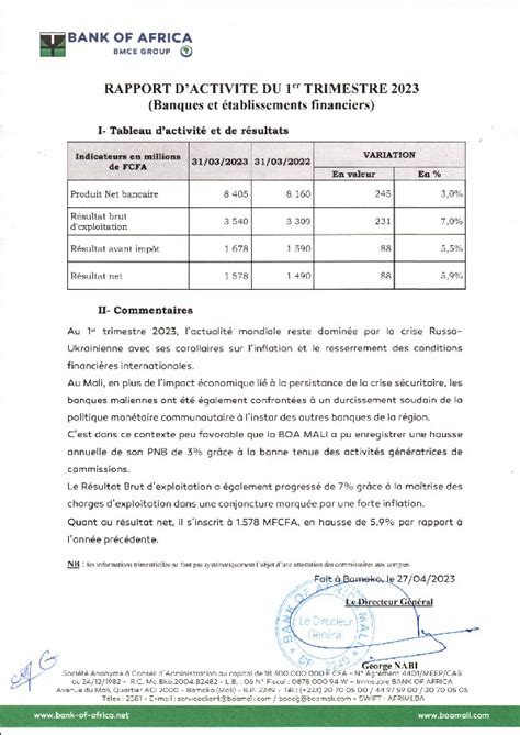 Rapport d activité 1er trimestre 2023 BOA MALI Abidjan net Documents