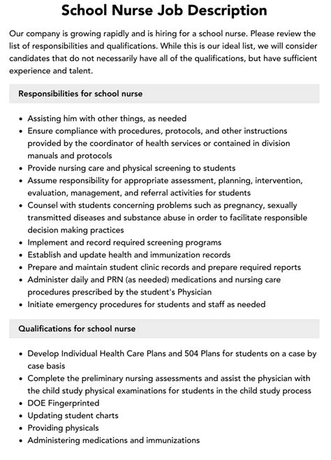 School Nurse Job Description Velvet Jobs