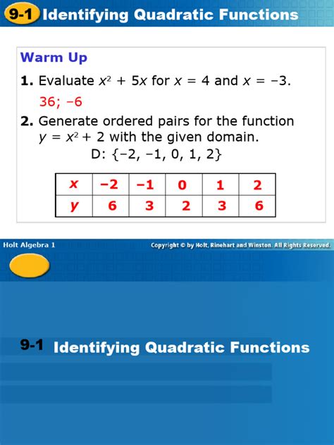 Identifying Quadratic Functions Using Table Of Values Graphs And