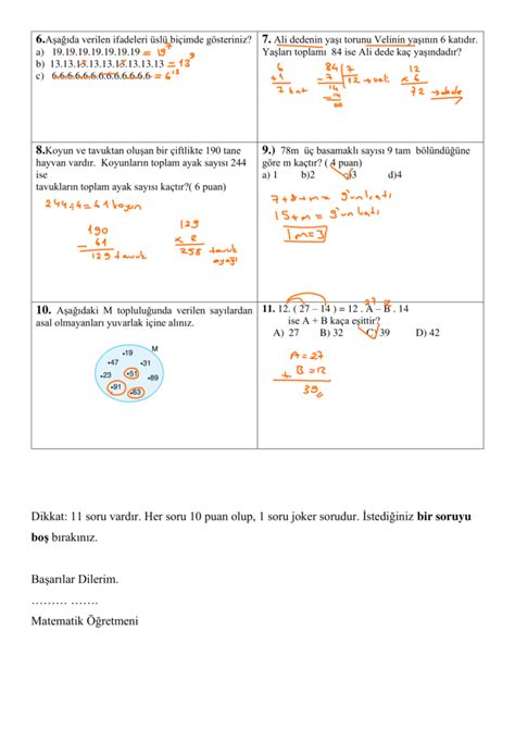 6 Sınıf Matematik 1 Dönem 1 Yazılı Cevap Anahtarlı Evdeki Hocam