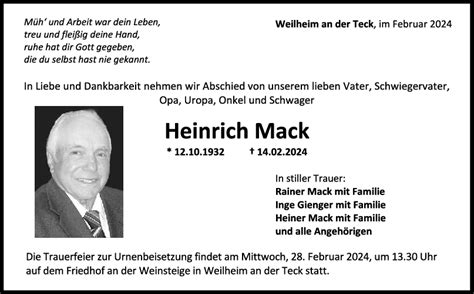 Trauer Heinrich Mack Teckbote Trauerportal