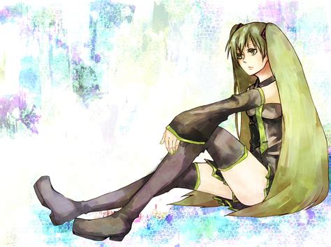 Green Eyes Green Hair Hatsune Miku Long Hair Twintails Vocaloid