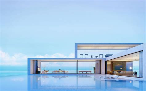 Modern Luxury Pool Villa With Sea View Background 3d Rendering 8029048