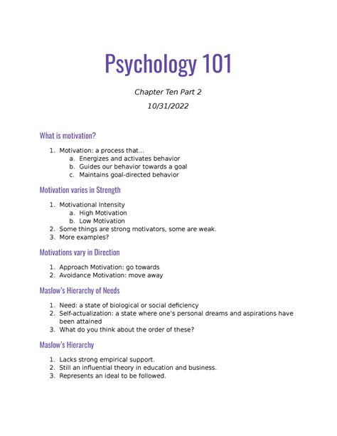 Py 101 Chapter Ten Notes Part Two Psychology 101 Chapter Ten Part 2