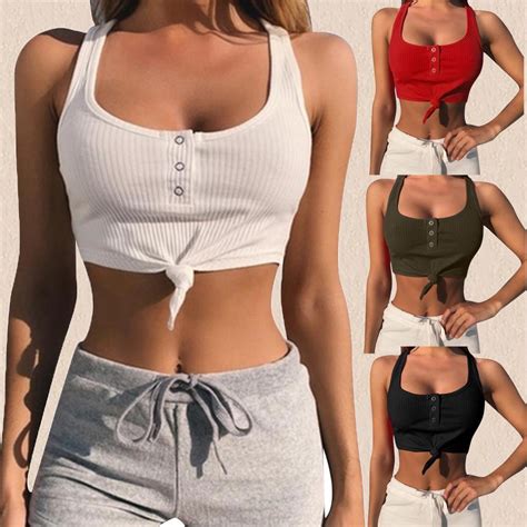 Fashion Womens Sexy Button Tank Top Vest Off Shoulder Halter Blouse T