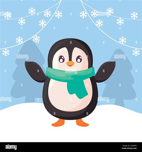 Cute Penguin With Scarf On Winter Landscape Vector Illustration Design