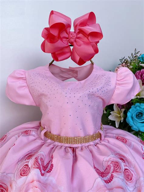 Vestido Infantil Rosa Borboletas E Flores Cinto Strass Rosa Charmosa