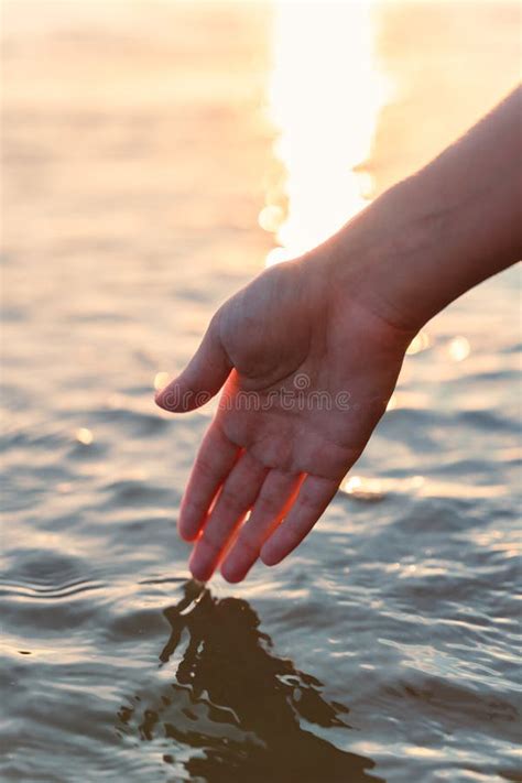 Hand Of Woman Touching The Water Surface In The Sunset Stock Photo