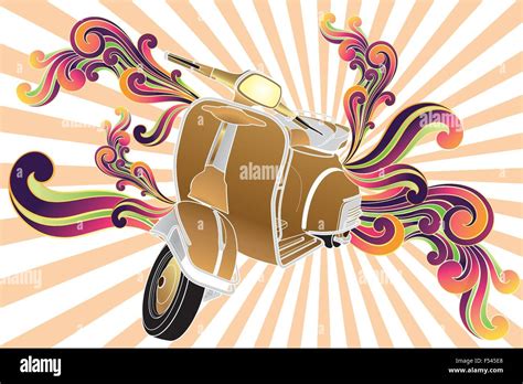 Retro Scooter With Colorful Swirls Hand Drawn Illustration Stock