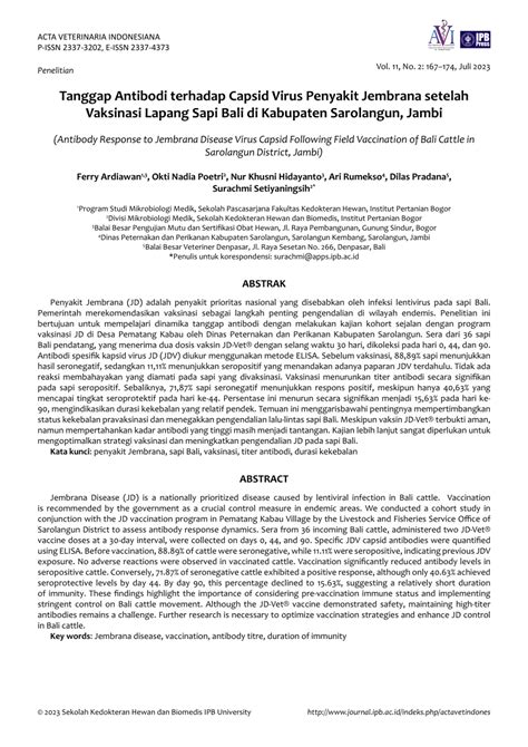 PDF Tanggap Antibodi Terhadap Capsid Virus Penyakit Jembrana Setelah