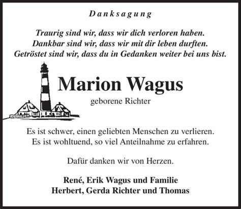 Traueranzeigen Von Marion Wagus Geb Richter Abschied Nehmen De