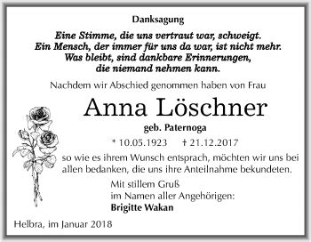 Traueranzeigen von Anna Löschner abschied nehmen de