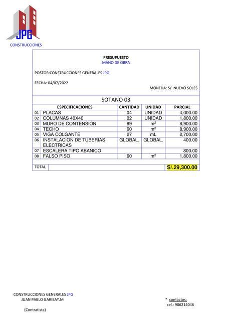 Ejemplo De Presupuesto De Obra Chorrillos Grover David Santa Cruz