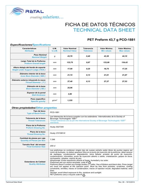 FICHA DE DATOS TÉCNICOS TECHNICAL DATA SHEET