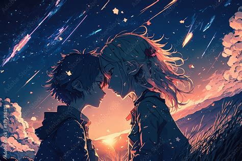 Starry Night Romance Anime Couple Sharing A Kiss Under The Open Sky