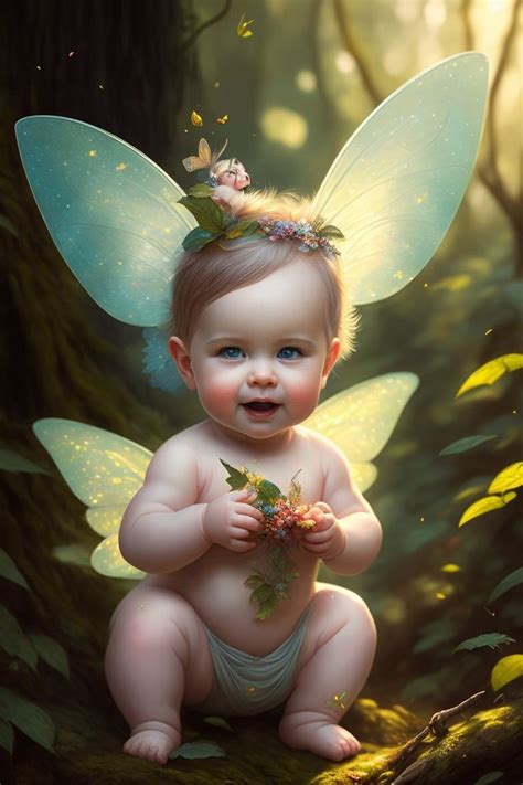 A Baby Is Sitting In The Woods With Wings On Her Head And Holding A Flower