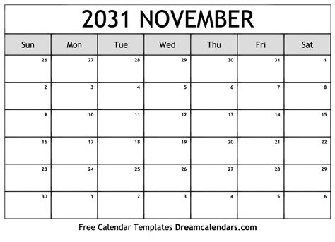 November 2031 Calendar - Free Printable with Holidays and Observances