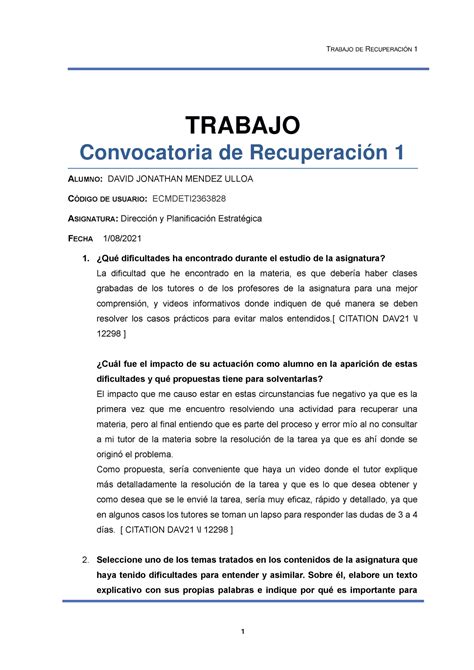 Trabajo De Recuperacion Funiber Direccion Y Planificacion Estrategica