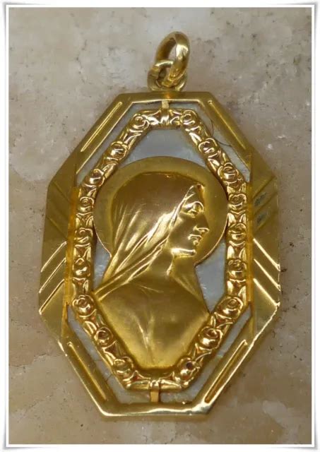 ANTIQUE FRENCH ART Deco Religious Solid 18K Gold MOP Medal Virgin