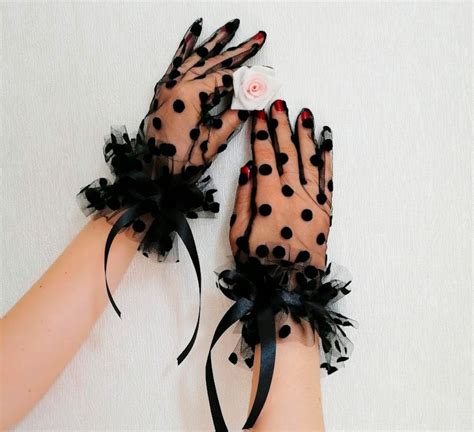 Black Polka Dots Gloves Tulle Black Gloves Vintage Gloves Etsy