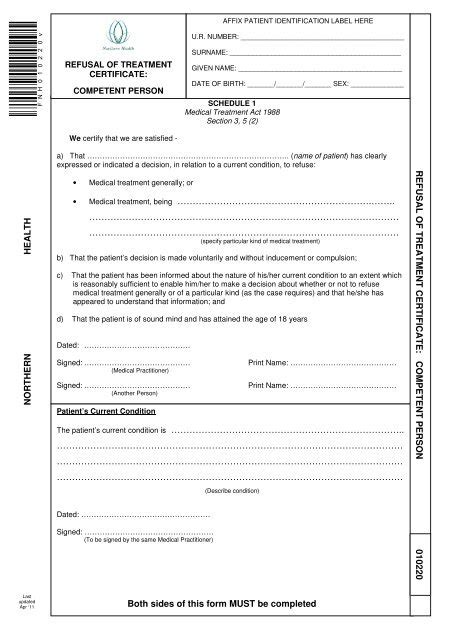 Refusal Of Treatment Certificate