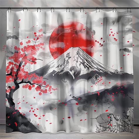 Mount Fuji Cherry Blossoms Shower Curtain Red Sun Grey Sky Black