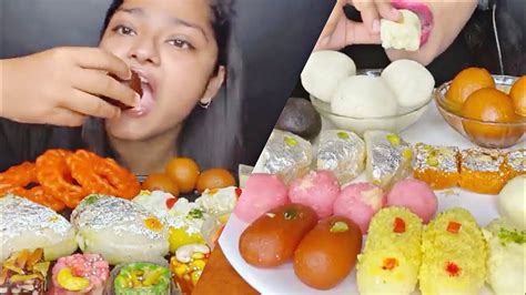 ASMR Eating Indian Sweetsjalebi Rasgulla Gulab Jamun Cham Cham Laddu