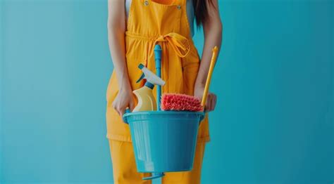 Premium Photo Woman Holding Bucket With Cleaning Supplies