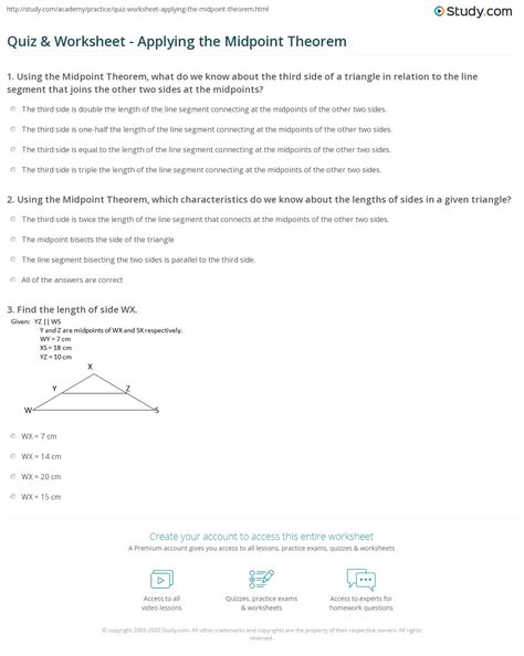 Quiz & Worksheet - Applying the Midpoint Theorem | Study.com