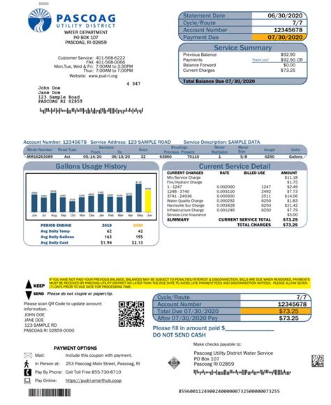 Sample Water Bill Residential 2023 Pascoag Utility District