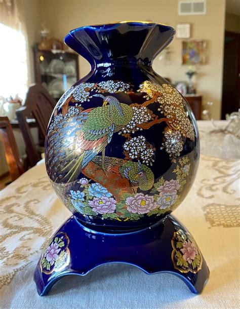 Vintage Japanese Cobalt Blue And Gold Peacock Vase With Stand Etsy