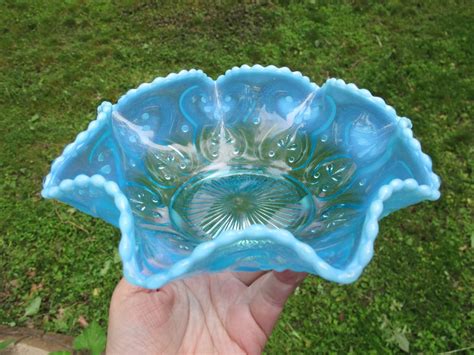 Antique Northwood Blue Opal Cashews Opalescent Glass Bowl Carnival Glass