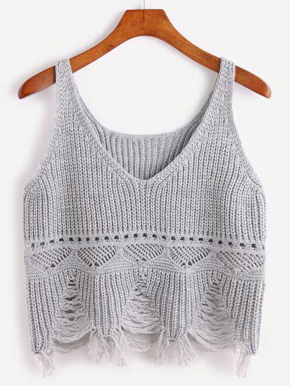 Grey Eyelet Fringe Hem Crop Sweater Vest Sweater Vest Cropped