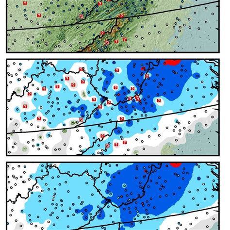 Snowfall maps associated with the (a) minimum, (b) mean, and (c)... | Download Scientific Diagram